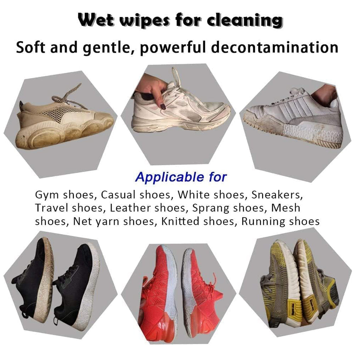 Demonstration of wiping dirt stains from various shoes