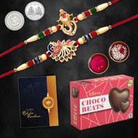 Beautiful Rakhi Combo Gift Set for brother with Peacock & Ganesha designer rakhis.