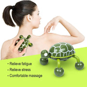 A woman holds a green turtle massager on her back, with a larger identical tool displayed next to text about stress relief.