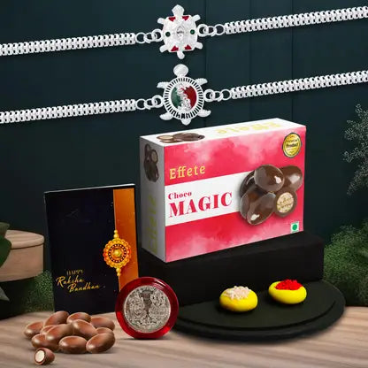 Complete Rakhi Gift Combo for brother with designer rakhis, chocolates, silver coin, roli & chawal.