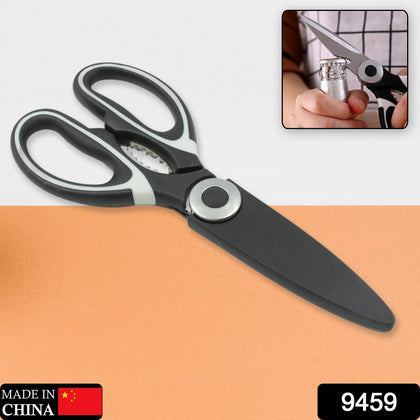 3-in-1 kitchen scissors with magnetic sheath, demonstrating multiple functions