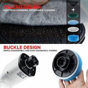 Close-up of the scrubber's velcro attachment surface and a hand holding a blue cleaning pad.