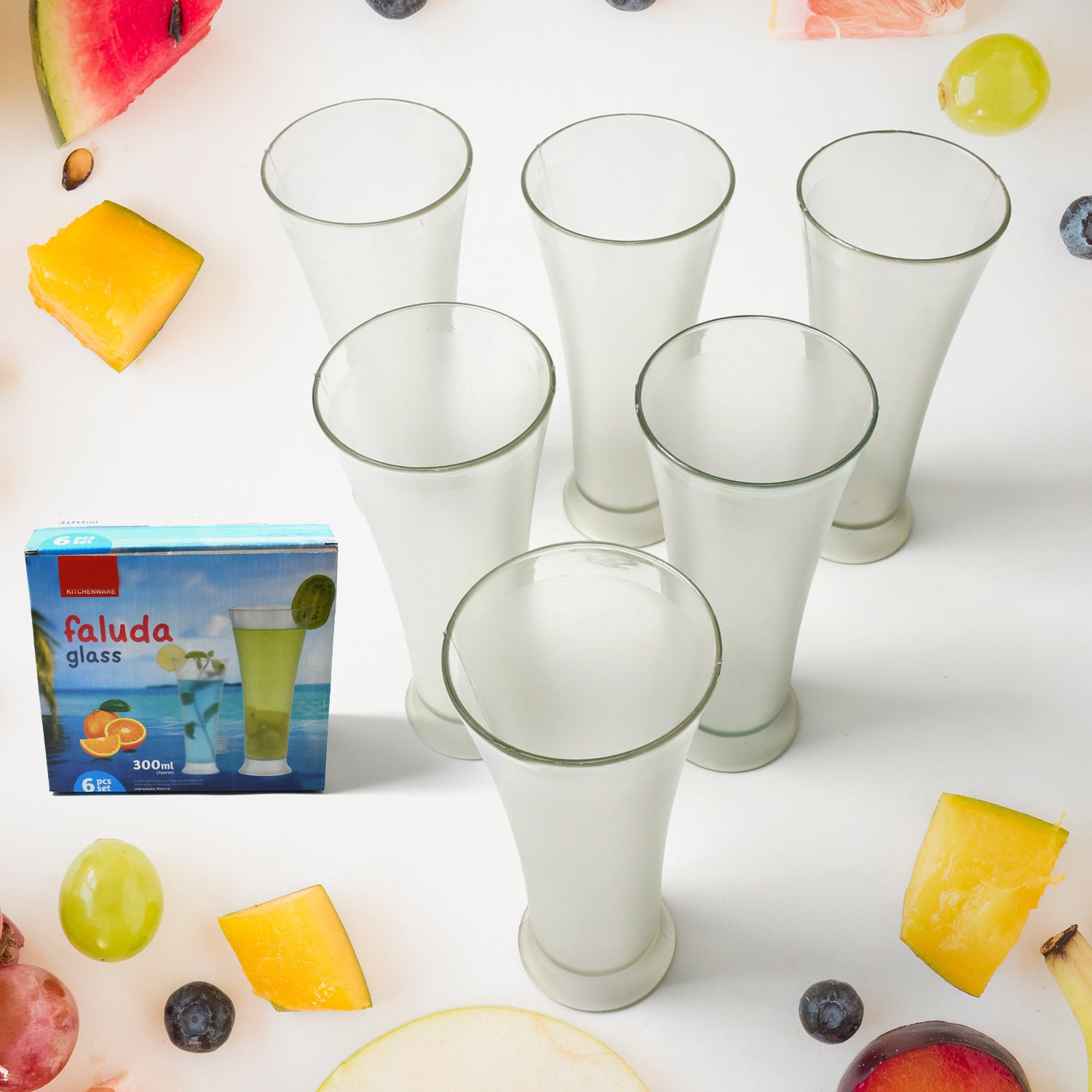 Faluda & Juice Glass Set – High-Quality Transparent Drinking Glasses, Set of 6 (300ml)