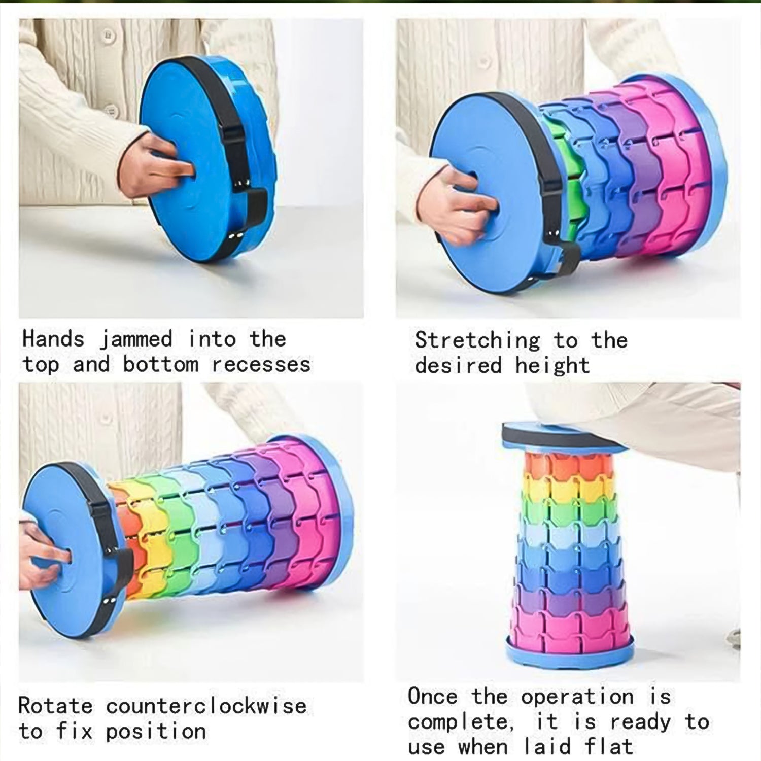 Hand holding the compact, folded telescopic stool by its strap, highlighting its portability.