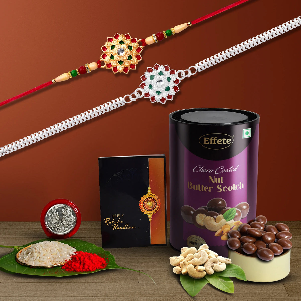 Complete Rakhi Gift Combo for brother with traditional Rakhi, tilak set, silver coin, and delicious butterscotch.