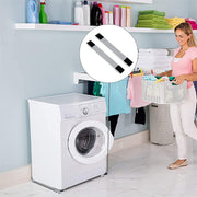 A woman carries a laundry basket past a washing machine on roller bases, with an inset showing two individual roller bases.