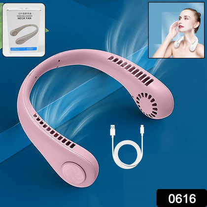 Person wearing a portable bladeless neck fan, front view