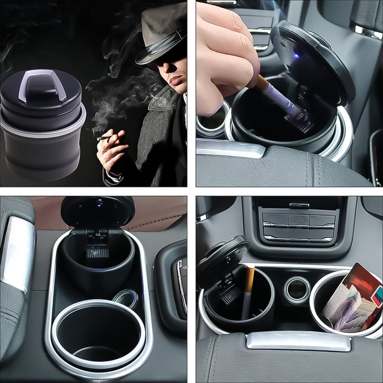 Portable Car Ashtray with Lid – Blue LED Light, Includes Color Box