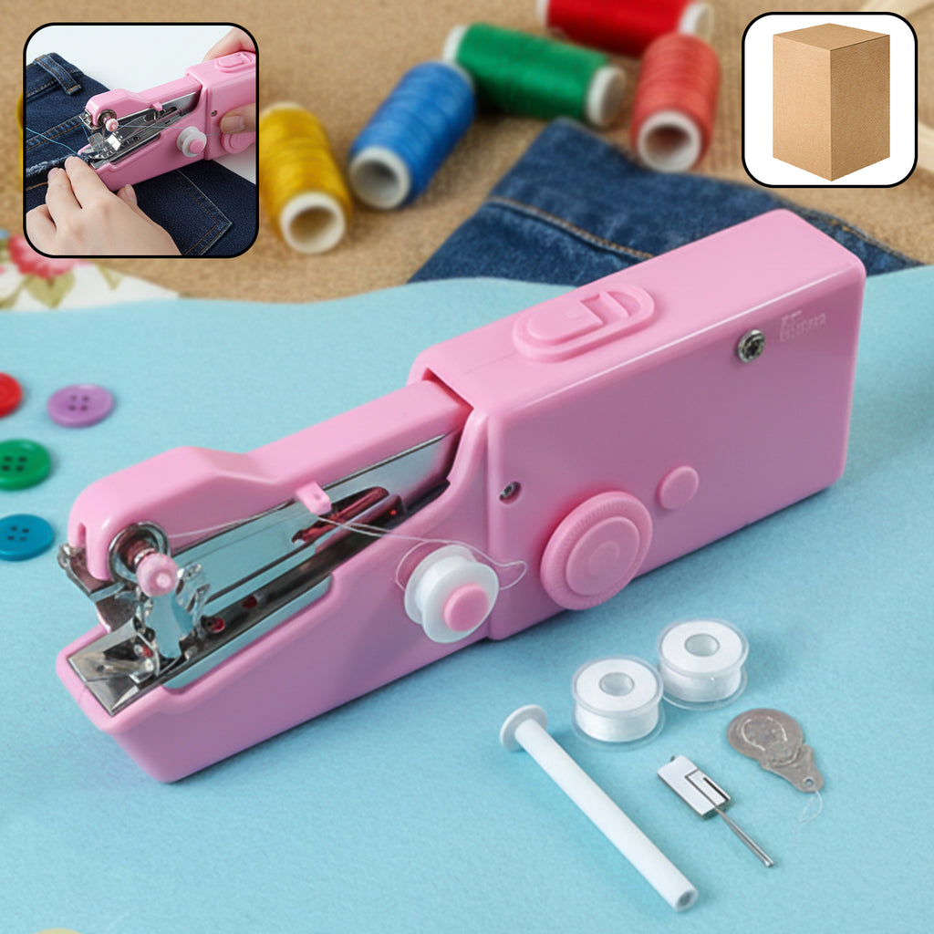Portable mini sewing machine in use on fabric