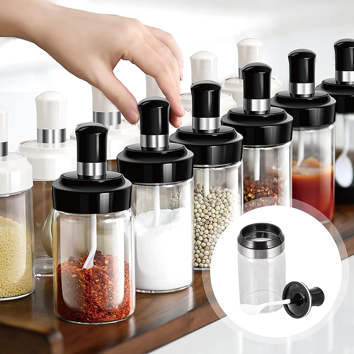 Transparent glass jar filled with spices and built-in spoon