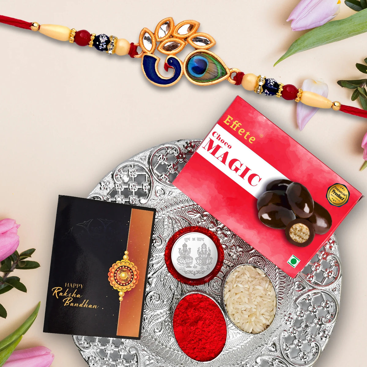 Peacock designer rakhi combo gift set with chocolate, tilak, and blessing coin for Raksha Bandhan