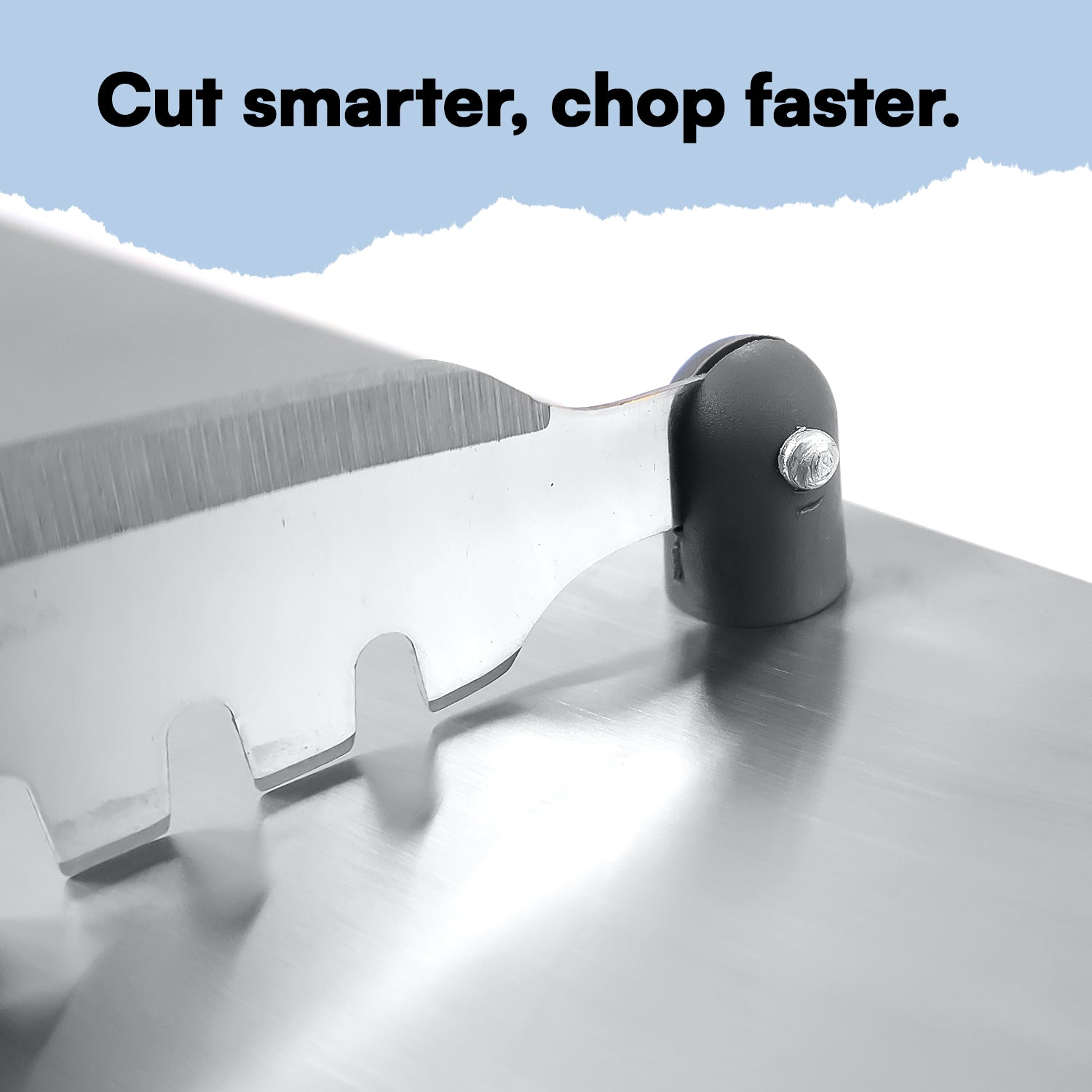 Close-up of the sharp stainless steel blades and cutting guide