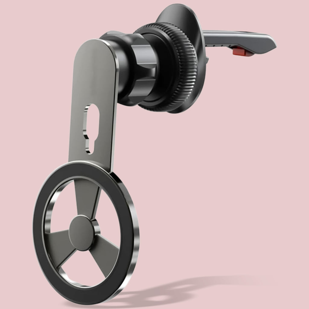 Foldable magnetic car phone holder showing its compact design