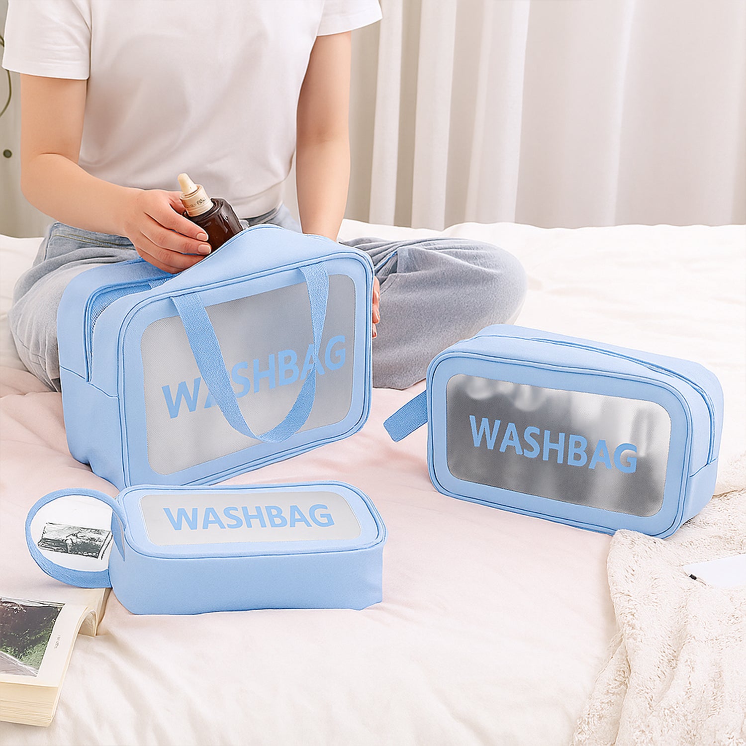 Travel toiletry bag set different sizes displayed