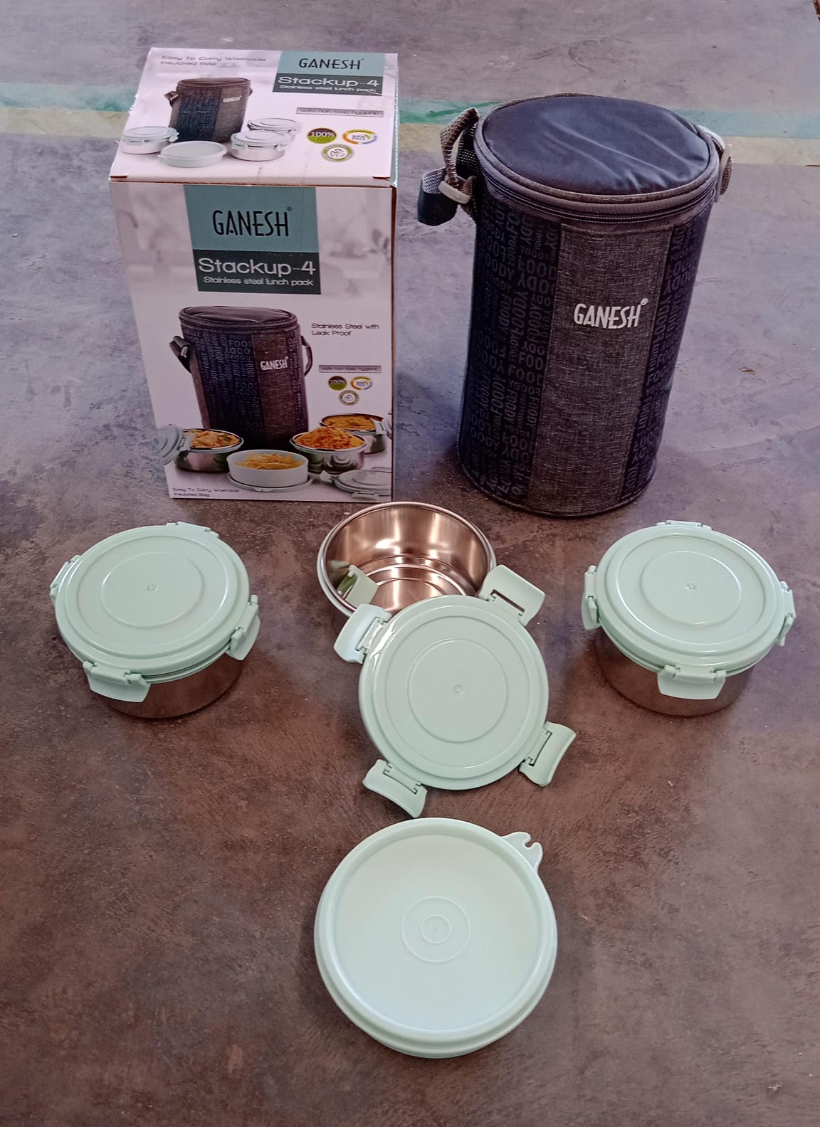 4-in-1 Lunch Box Set – 3 Steel Containers + Salad Box with Zip Bag, Leak-Proof & Microwave Safe