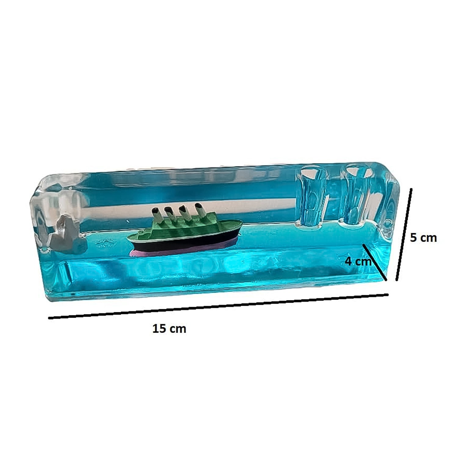 Unique acrylic liquid motion paperweight featuring a floating ship