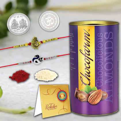Vibrant multicolor Rakhi Gift Combo set featuring a traditional Rakhi, roli-chawal, auspicious coin, greeting card, and chocolate.