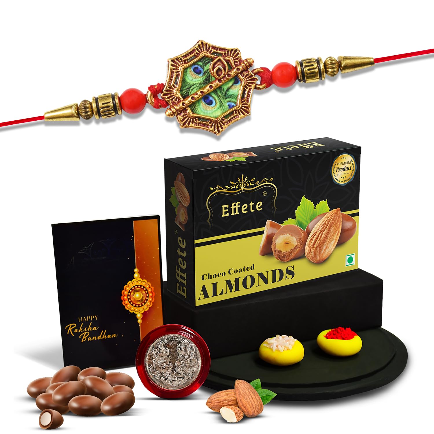 Rakhi combo gift set for brother with red Rakhi, roli-chawal, silver coin, chocolate, and greeting card