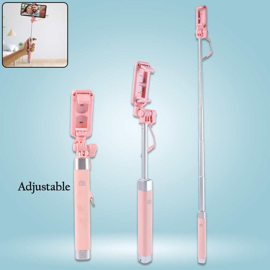 Built-in shutter button on wired selfie stick with 3.5mm audio jack