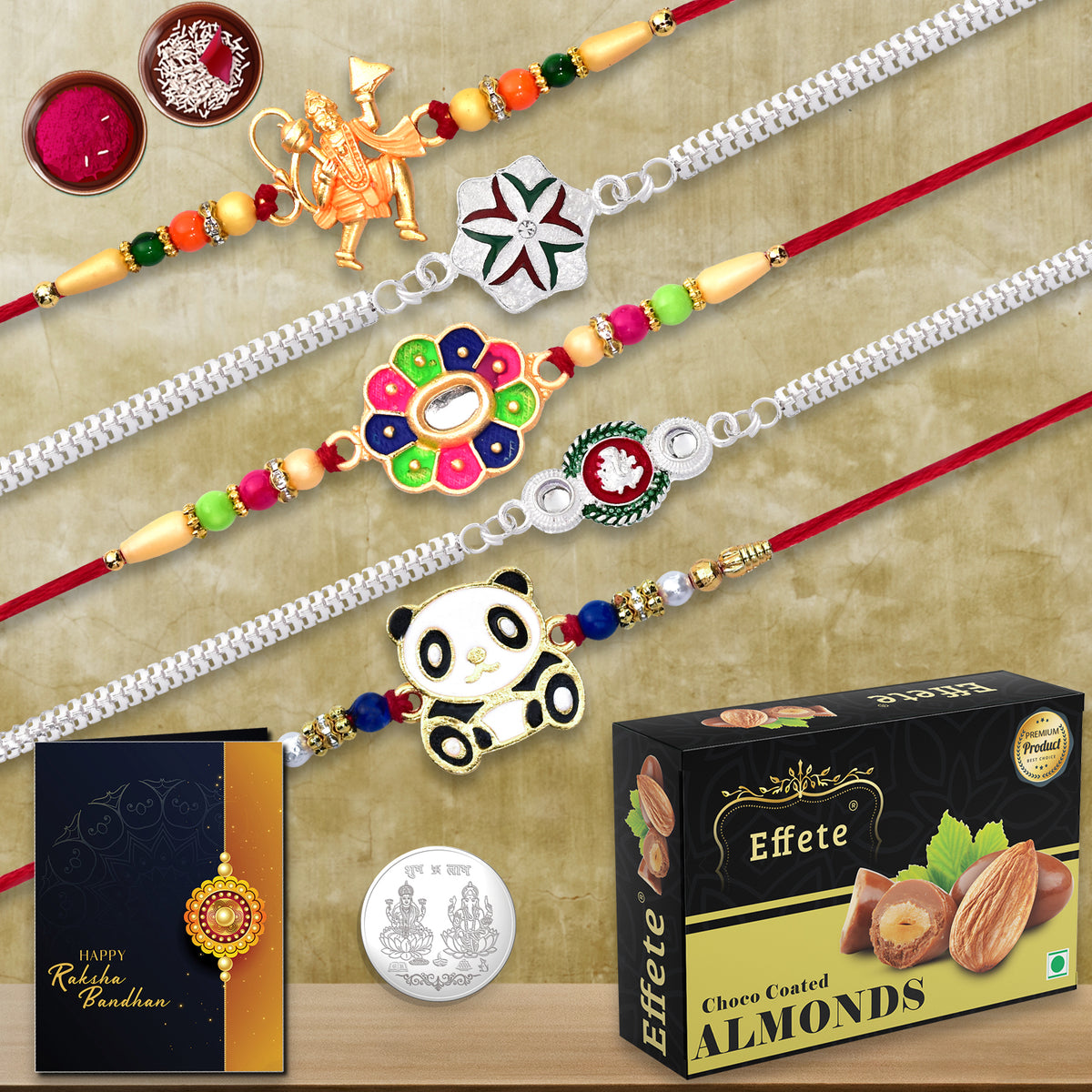 Beautiful Rakhi Gift Set with Tilak combo, sweet chocolate, and greeting card for Raksha Bandhan.
