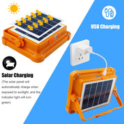 Two panels showing the orange floodlight with solar charging arrows and USB charging with a white wall adapter.