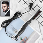 Man styling his beard with the electric straightening comb