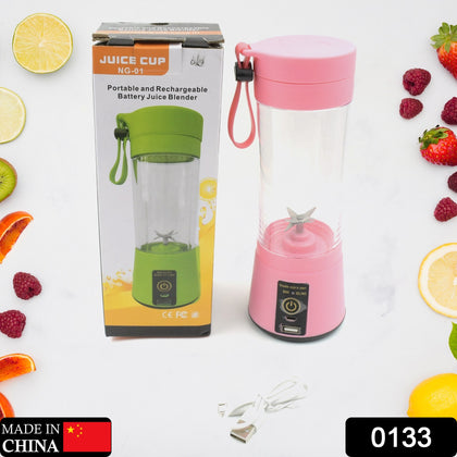 Portable USB electric juicer with 6 blades, shown with fruit for smoothies