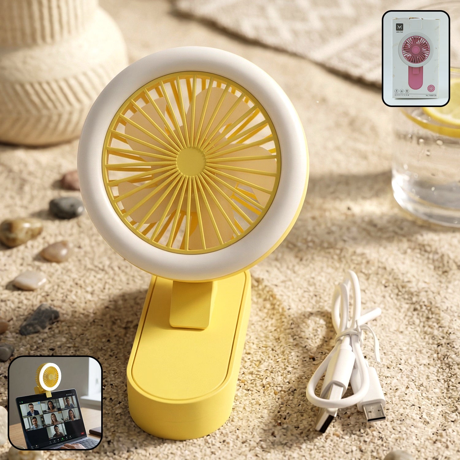 Mini table fan showing LED light function