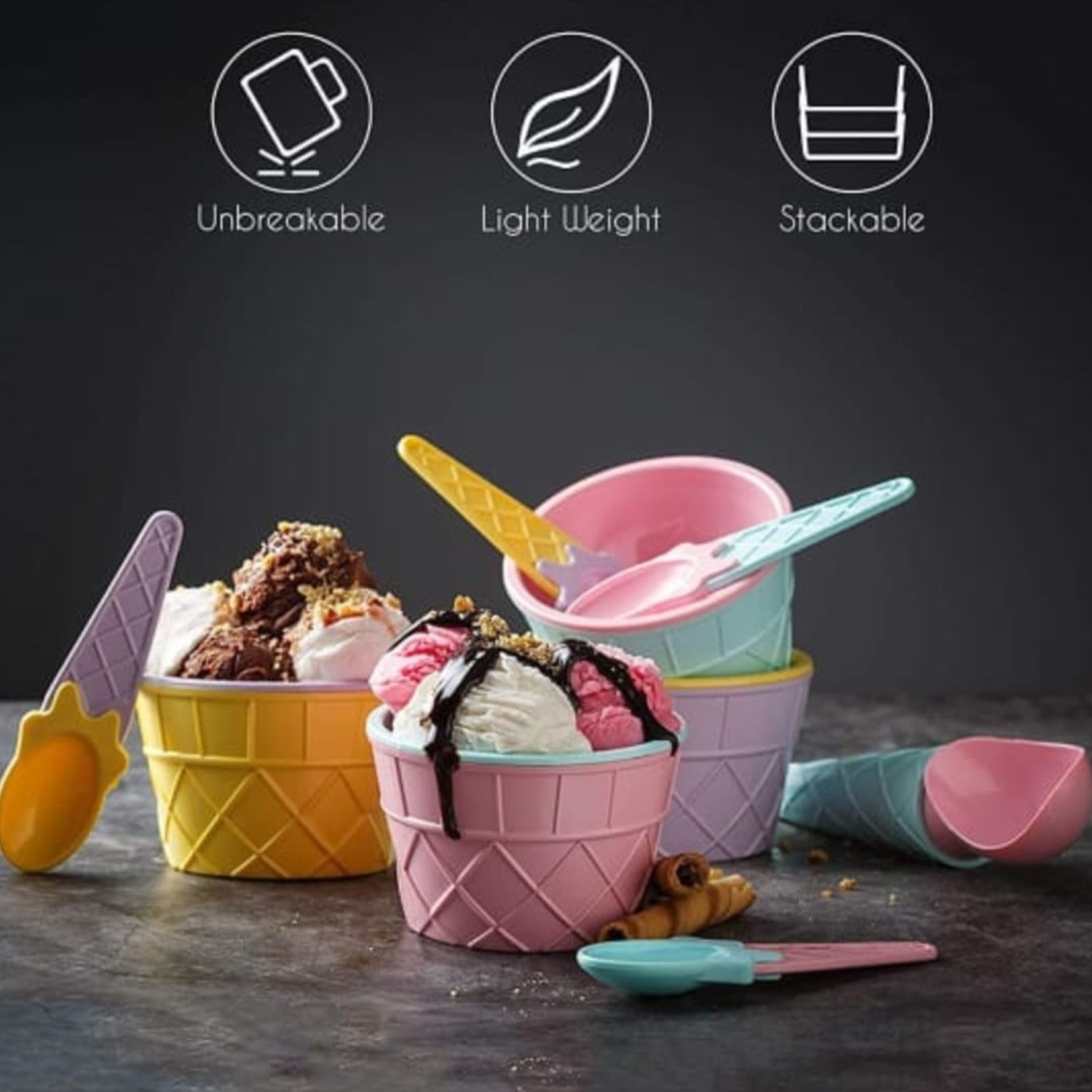 Ice Cream Bowl & Spoon Set – 12-Piece Plastic Solid Color Cream Cups with Spoons (Multi-Color)