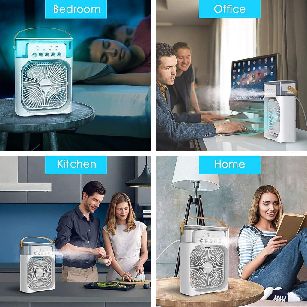 Portable air fan with water tank open, ready for ice cubes