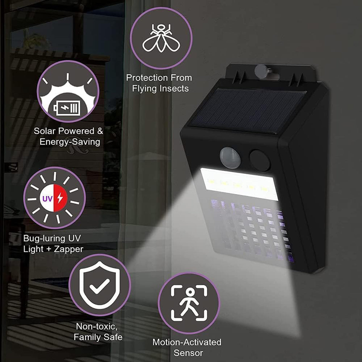 Diagram highlighting features of 2-in-1 solar bug zapper