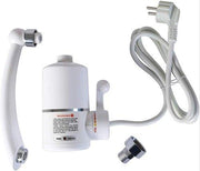 Disassembled components of a white electric heating faucet, including the spout, body, and power cord.