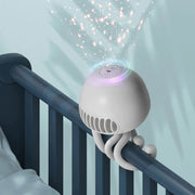 Mini projector fan creating ambient star lighting in a room