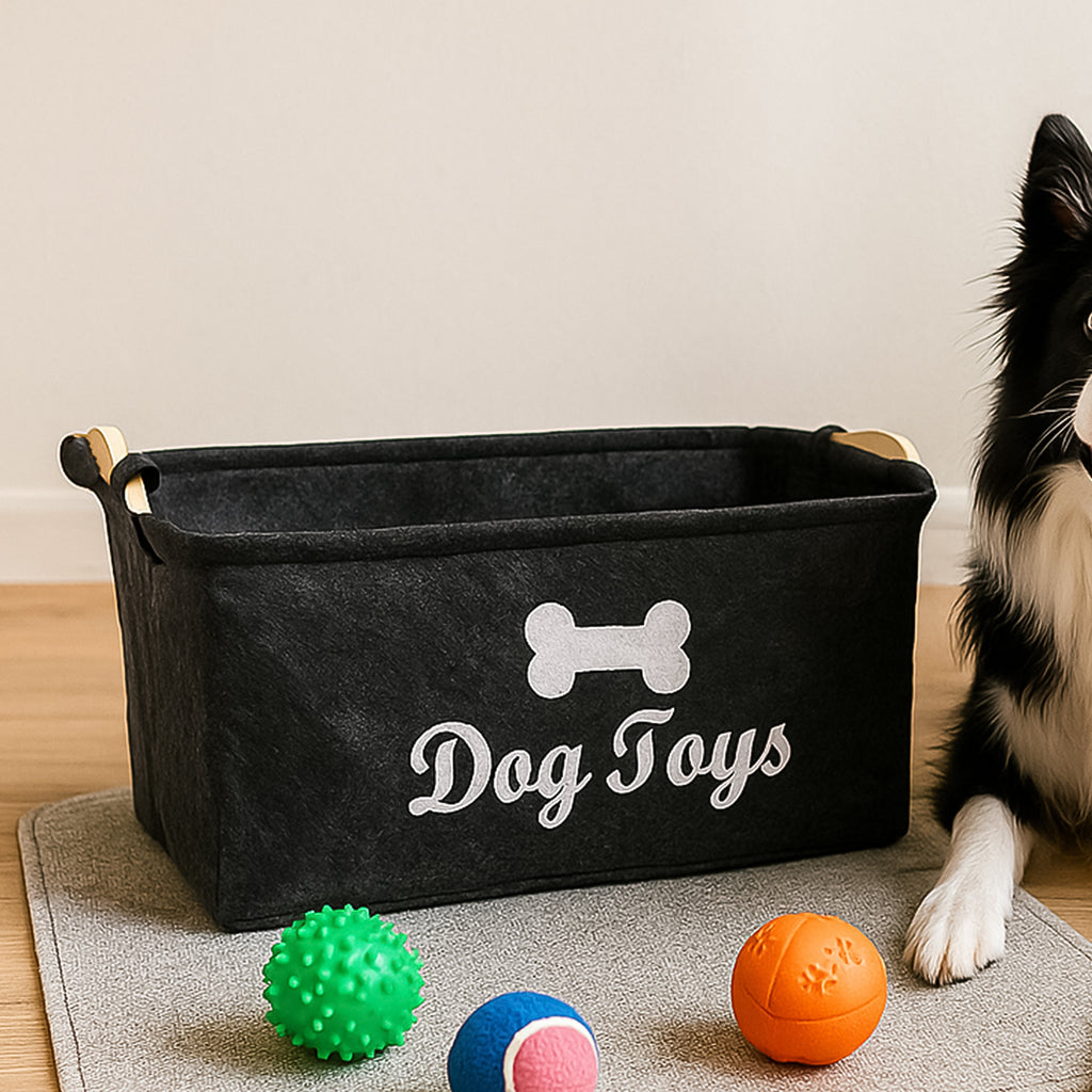 Lifestyle view of the Pet Toy Storage Basket neatly holding dog toys in a home environment.