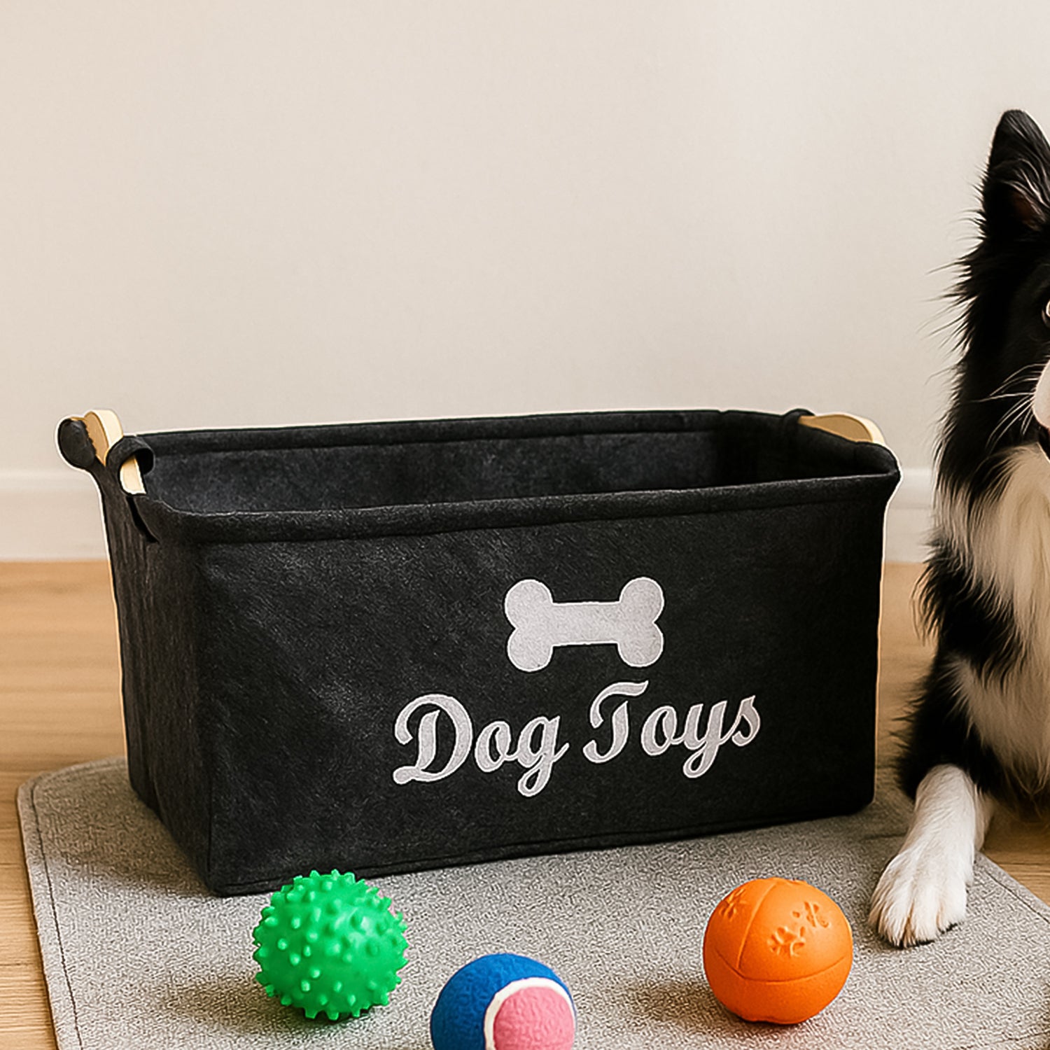 Lifestyle view of the Pet Toy Storage Basket neatly holding dog toys in a home environment.