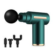 Teal massage gun with a round head attached, alongside three other black attachments.