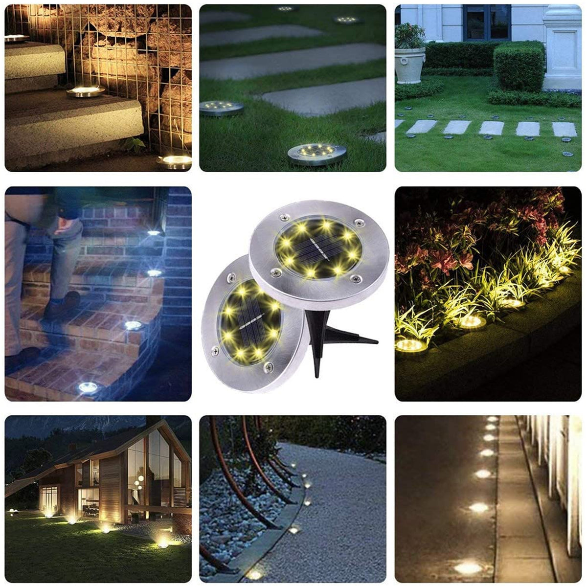 Outdoor garden area lit by solar LED lights