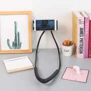 Woman using flexible phone holder around neck for video call
