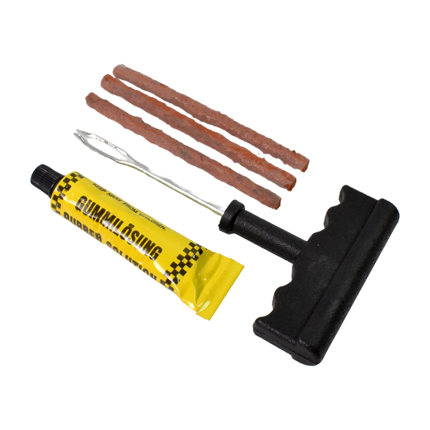 Portable tubeless tyre puncture repair kit in a case
