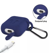 Navy blue silicone earbud case with a dustproof plug open, revealing a charging port and a white cable.