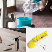 Top: Hand pouring water into a blue cup. Bottom left: Bottle on a desk with a computer. Bottom right: Yellow pill organizer