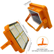 Two views of the orange floodlight with dimensions, one showing the front and the other the back with a hook.
