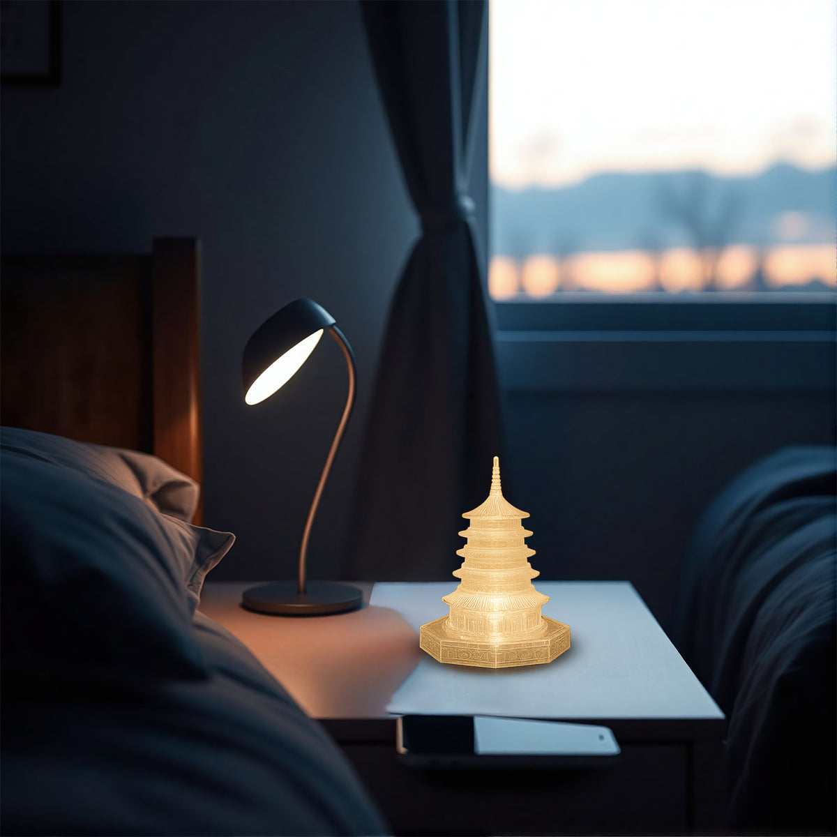 Crystal pagoda light showcasing its clear, intricate design from an angle