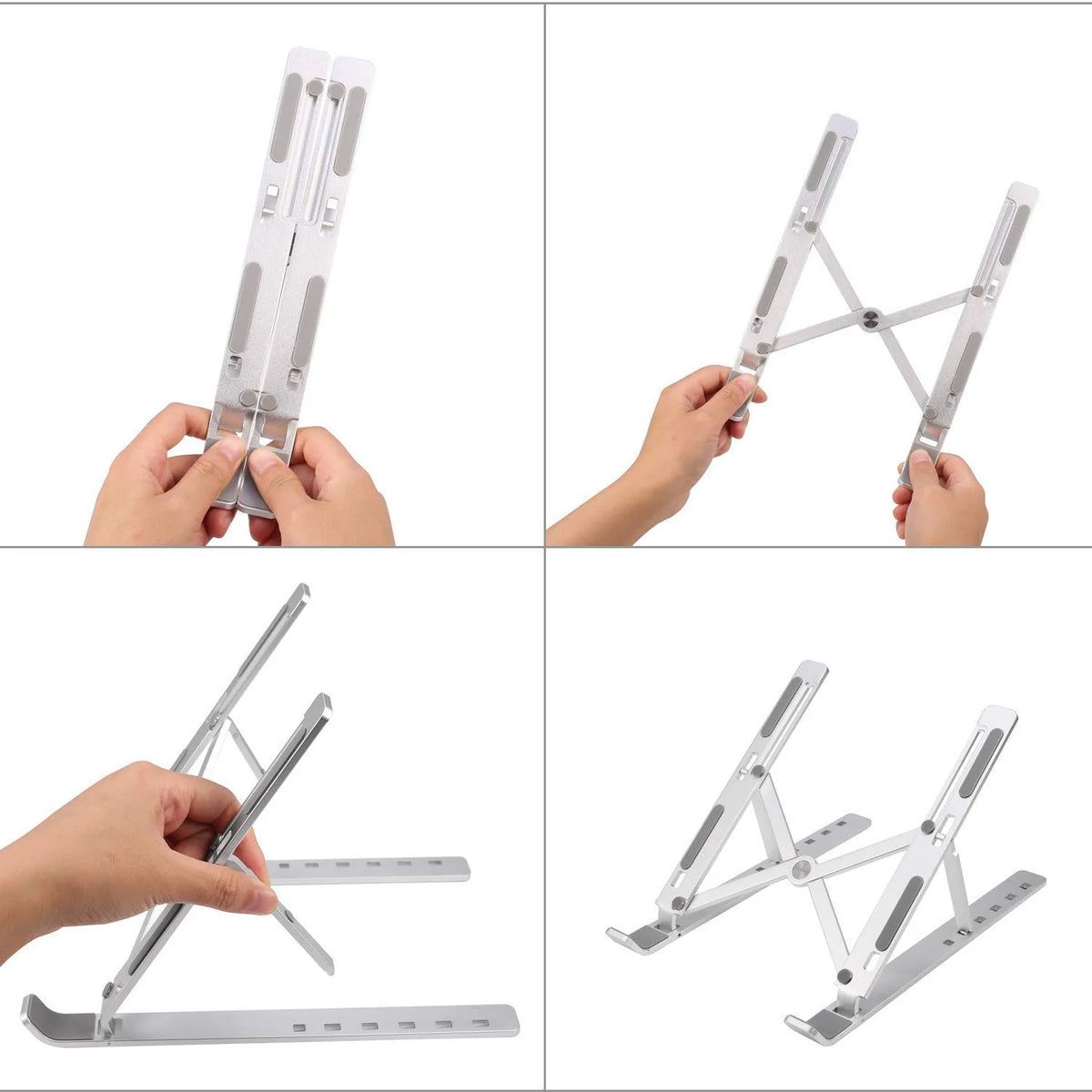 Metal laptop stand shown in various adjustable angles for versatile use