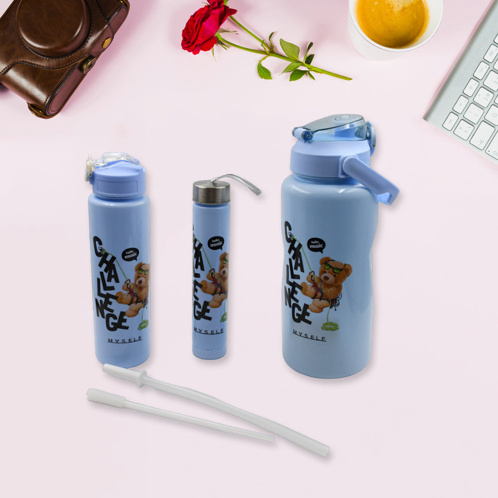 Three colorful BPA-free plastic water bottles arranged neatly.