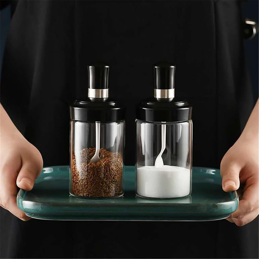 Modern kitchen setup featuring 250ml glass storage jar with built-in spoon