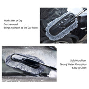 Two images show the duster cleaning a car's side panel and a soapy windshield.