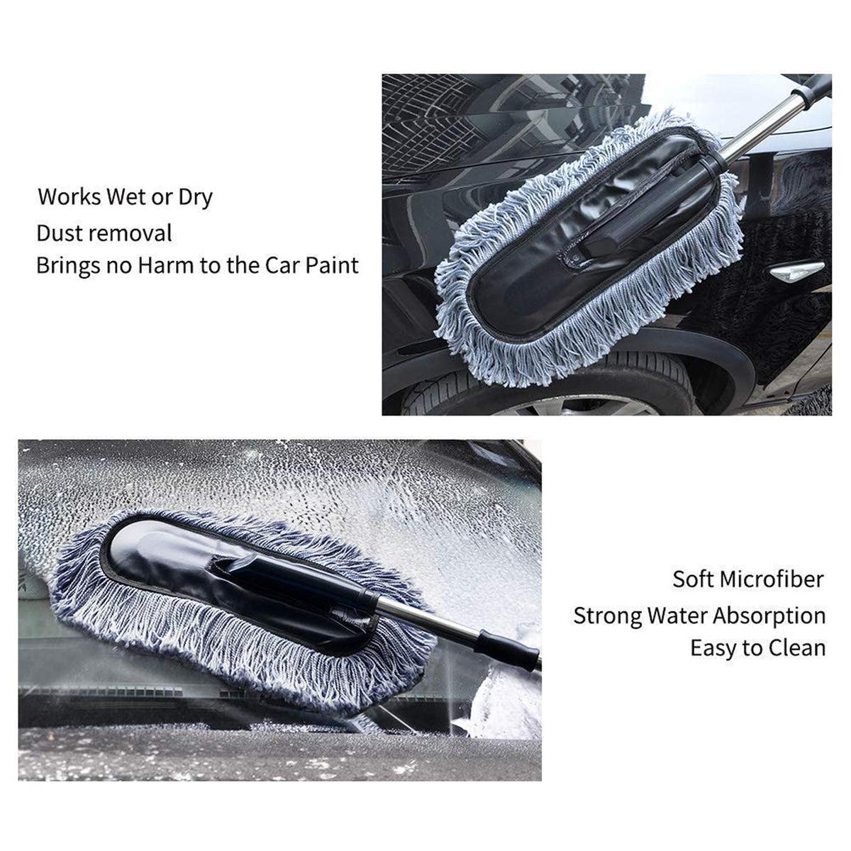 Microfiber brush with soft retractable handle for vehicle cleaning