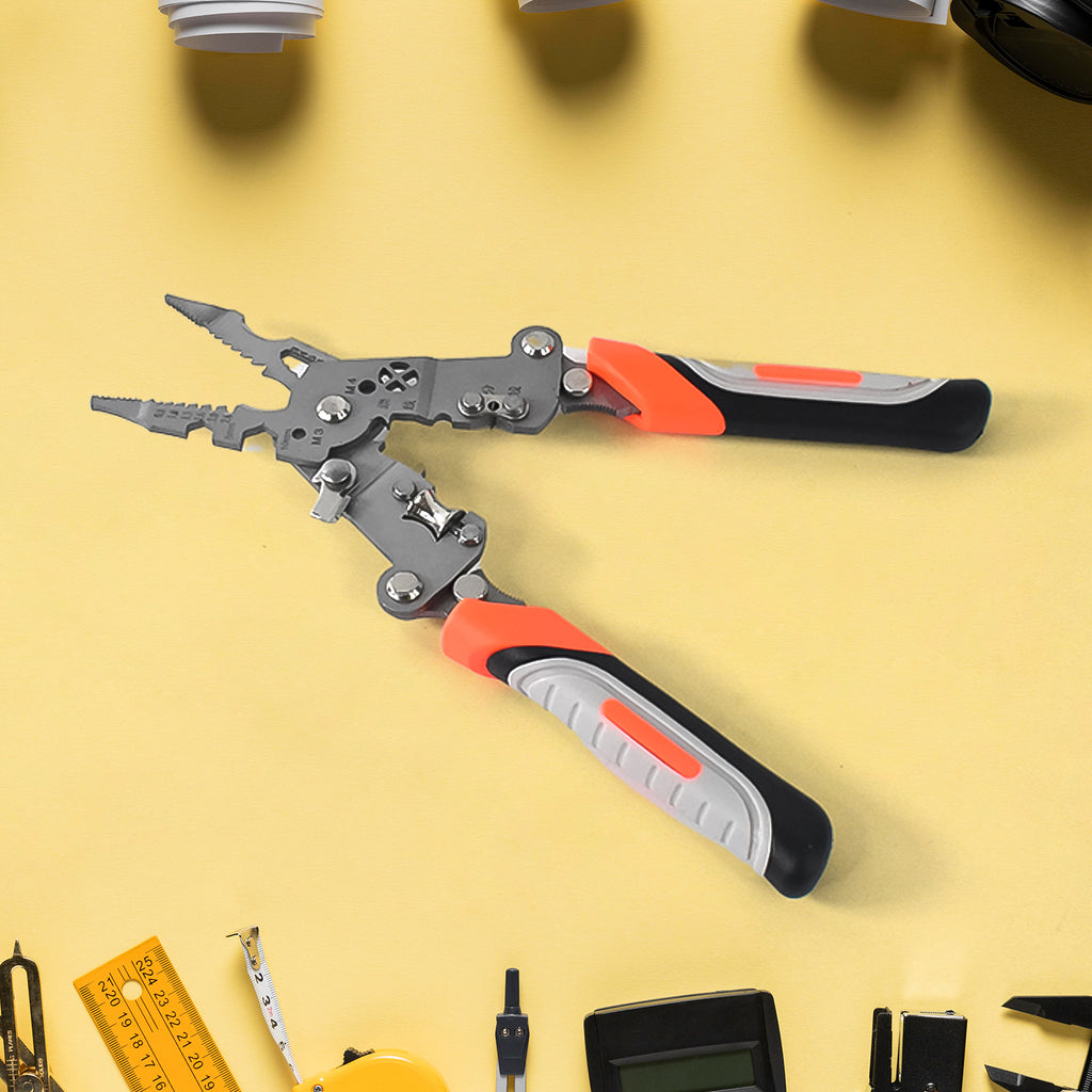 Close-up of 8-in-1 wire stripper pliers tool heads