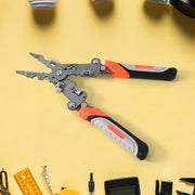 Close-up of 8-in-1 wire stripper pliers tool heads
